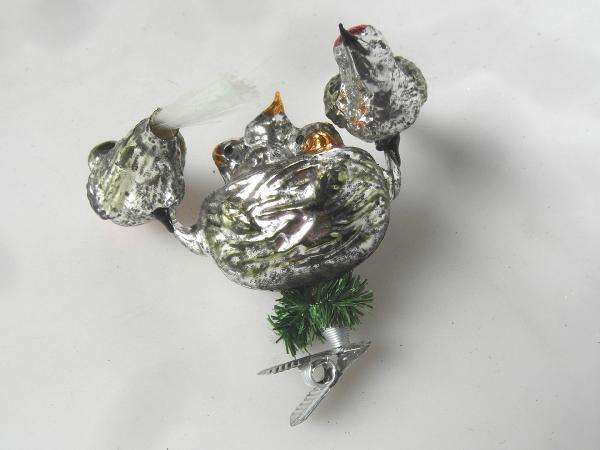 Vogelnest am Zwicker mit zwei Vögeln Nostalgie Lauscha Christbaumschmuck